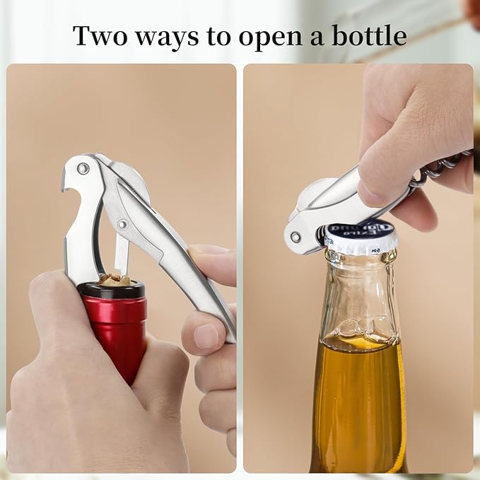 Bottle Opener, Wine gift for Wine Lover, Waiter’s Corkscrew Wine Opener with Genuine Leather Case, Foil Cutter, Beer Bottle Opener, Eco-Friendly Manual Wine Key (Stainless Steel)