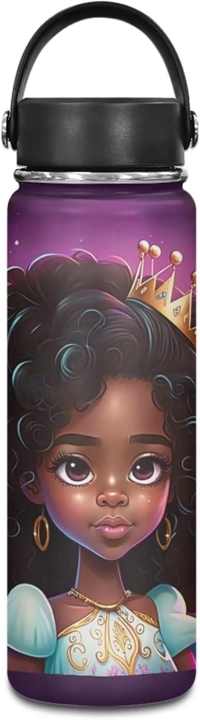 African Insulated Water Bottle 18 oz Stainless Steel Vacuum Flask with Handle Thermal Bottles Keeps Drinks Hot or Cold for Hours Lightweight Water Cup Black Queen American