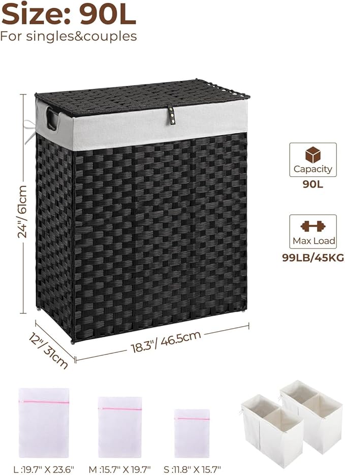 Greenstell Laundry Hamper with 2 Removable Liner Bags, Foldable Divided Clothes Hamper, 90L Handwoven Synthetic Rattan Laundry Basket with Lid and Handles, Easy to Install Black 18.3x13.3x24 Inches