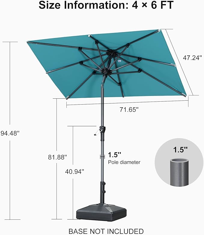 PURPLE LEAF 6' x 4' Rectangular Patio Umbrella Outdoor Table Umbrella Aluminum Frame Market Umbrella Sun Umbrella with 8 Sturdy Ribs Tilt for Garden Deck Lawn Pool Turquoise Blue