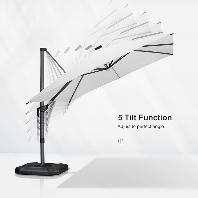 PURPLE LEAF 10 Feet Patio Umbrella Outdoor Cantilever Solar Powered LED Square Umbrella Aluminum Offset Umbrella with 360-degree Rotation for Garden Deck Pool Patio White