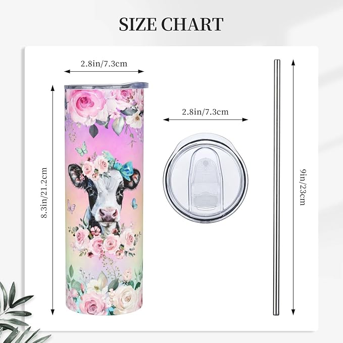 Skinny Tumbler Gift For Men Women, Cow Print Gifts For Women Funny Cow Print Tumbler Cup With Straw Lid 20 Oz,Pink Rose Cow Reusable Stainless Steel Insulated Vacuum Slim Travel Coffee Mug