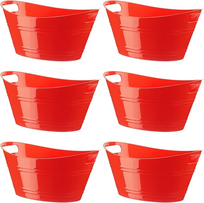 6 Pieces Ice Buckets Bulk, Plastic Ice Buckets with Handles, Oval Storage Tub, Large Capacity Ice Drink Bucket for Party Bar Wine Beer Champagne Beverage Bottle Cooler (Red,4.5 Liter)