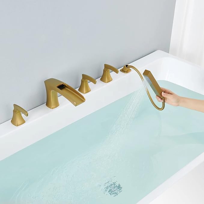 Roman Tub Faucet Waterfall Tub Filler Brushed Gold Deck Mount Bathtub Faucets 5 Hole Brass Bathroom Faucets with Hand Shower