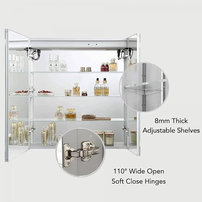 Blossom LED Mirror Medicine Cabinet with Lights, 30x32 Inch | LED Lighted Bathroom Medicine Cabinet | Recessed or Surface with Defogger, 3 Color Dimmer | Makeup Mirror | 3 Adjustable Glass Shelves