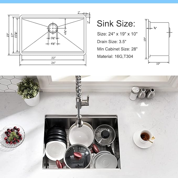 24 Inch Undermount Kitchen Sink, BoomHoze 24 x 19 Inch Sink Kitchen 16 Gauge Stainless Steel Workstation Undermount Single Bowl Outdoor
