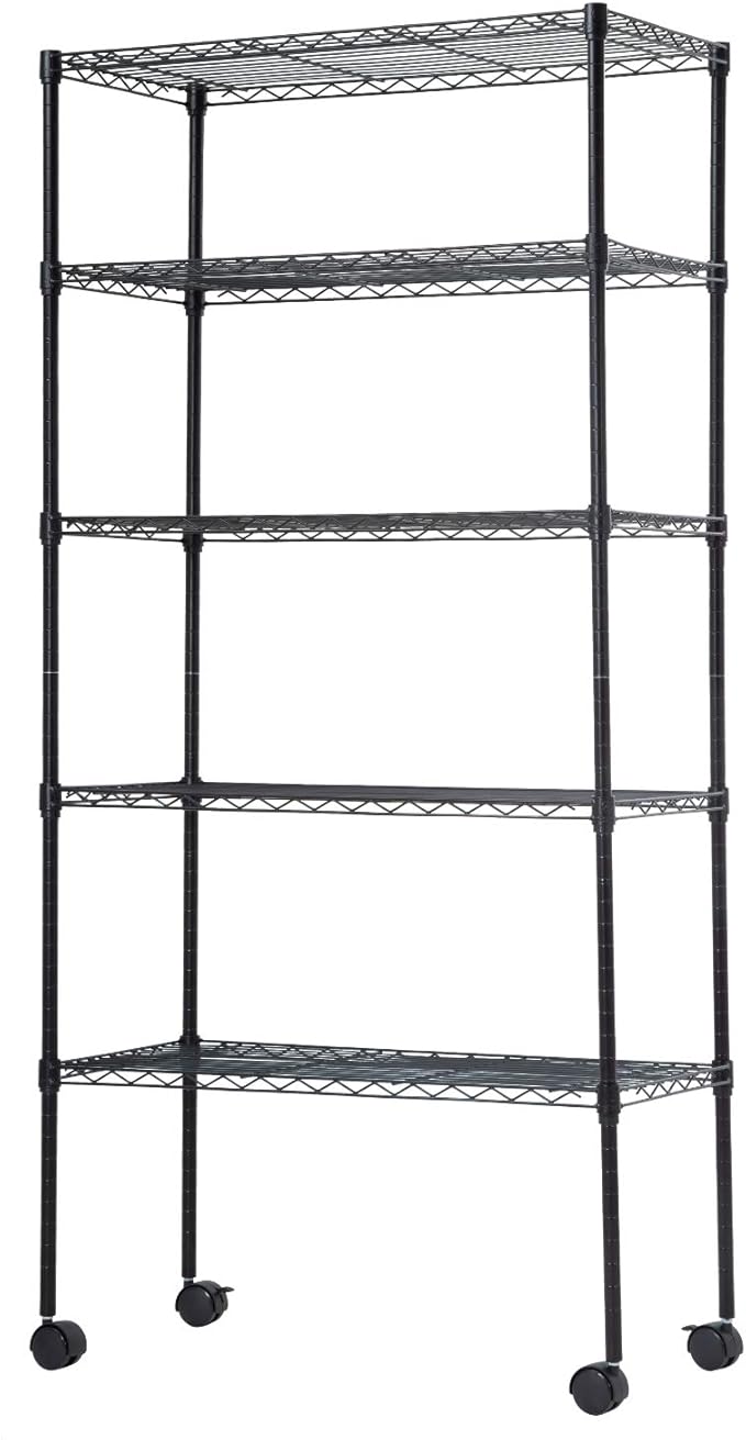 BestOffice | 5-Tier Wire Storage Shelves with Wheels | 14x30x60 | Black | Adjustable Racks | Heavy-Duty Metal Shelf, Holds Upto 220 lbs | No-Tool Assembly | Ideal for Home & Garage Shelving