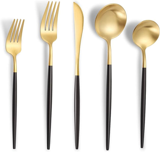 Matte Black Gold Silverware Set for 4,Modern Stainless Steel Brushed Cutlery Set,20-Pieces Heavy Duty Flatware Set,Knives Spoons and Forks Set Utensils Set, Satin Finish, Dishwasher Safe