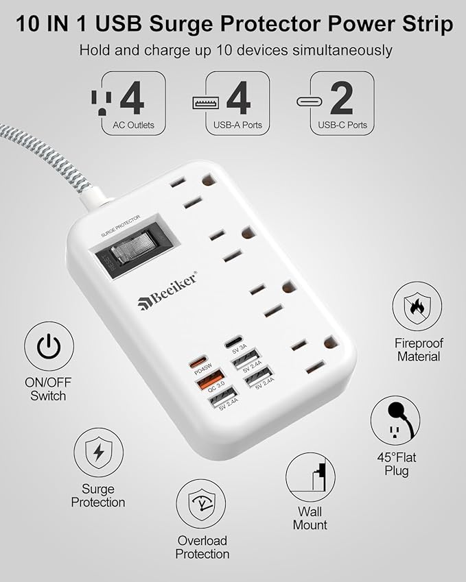 45W USB C Surge Protector Power Strip, Travel Power Strip with 6 USB(2 USB C) Ports and 4 Outlets,5Ft Flat Plug Braided Extension Cord, PD 45W Fast Charging for MacBook Laptops iPad Pro iPhone Samsung