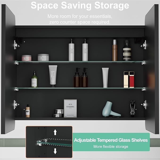 36x30 Inch Medicine Cabinet with Mirror, Recessed or Surface Mount Bathroom Medicine Cabinet with LED Lights, Anti-Fog, Memory Function, Adjustable Shelf, Dimmable Light, ETL Listed, Black