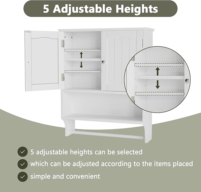 Smuxee White Bathroom Cabinet Wall Mounted with Towels Bar, Bathroom Medicine Cabinet with 2 Door Adjustable Shelves, Over Toilet Cabinet for Bathroom Laundry Room Kitchen