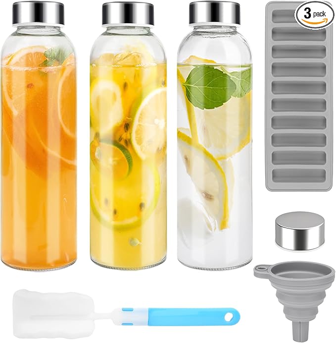 Glass Juice Bottles with Lids for Juicing 24 oz, Reusable Clear Glass Water Bottles with Stainless Steel Airtight Cap for Refrigerator, 100% Leak Proof, BPA Free, ECO Friendly, Set of 3
