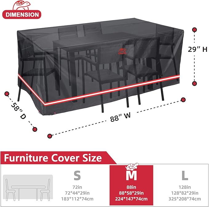 Turtle Life Patio Furniture Sets Cover, Heavy Duty Rectangular Durable Waterproof Outdoor UV Resistant Anti-Fading Dining Table Chairs Furniture Cover, Black, 88"Lx58”Wx29”H