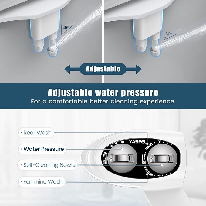 YASFEL Bidet Attachment for Toilet, Toilet Bidet Non-Electric Bidet Toilet Attachment Dual Nozzles for Frontal/Rear Wash, Adjustable Pressure Control (Black/White)