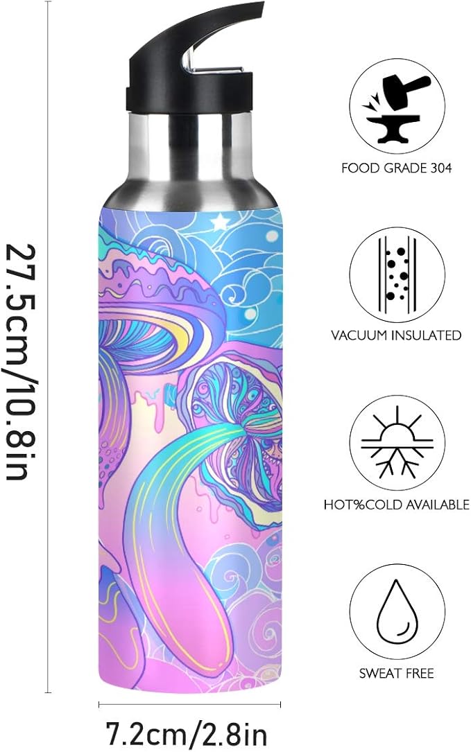 Magic Mushrooms Water Bottle with Straw Lid for Fitness Gym Camping Outdoor Sports, Wide Mouth Vacuum Insulated 18/8 Stainless Steel, 22 oz