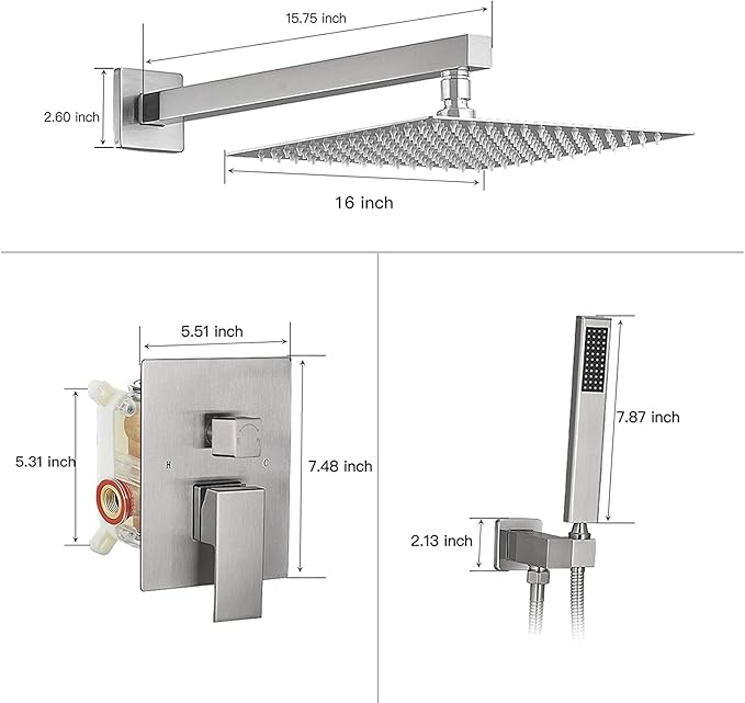 BWE 16 Inch Square Bathroom Luxury Rain Mixer Shower Combo Set Shower Kit Wall Mounted Rainfall Shower Head System Brushed Nickel Shower Faucet Rough-in Valve Body and Trim Included