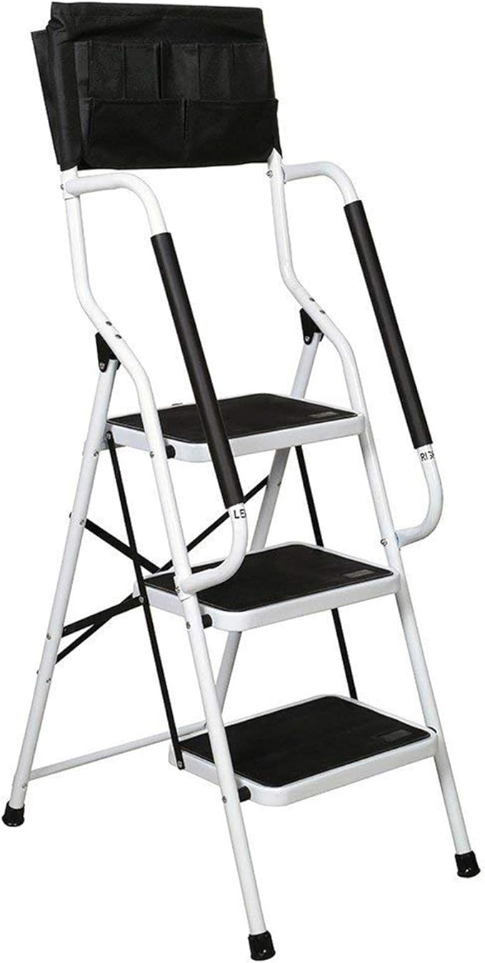 WiberWi 3 Step Ladder with Handrails 500 lb Capacity Step Stool Folding Ladders for Home Kitchen Steel Frame with Safety Side Handrails Non-Slip Wide Pedal Stepladder with Attachable Tool Bag