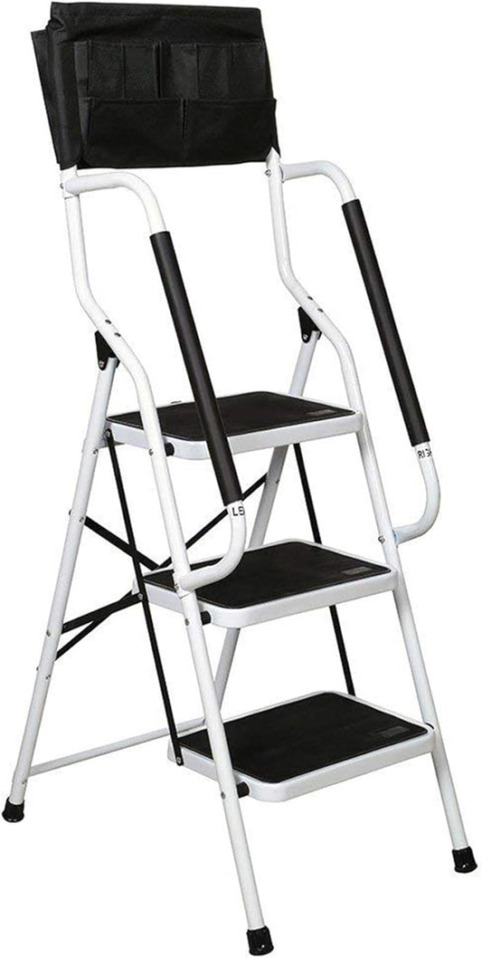 WiberWi 3 Step Ladder with Handrails 500 lb Capacity Step Stool Folding Ladders for Home Kitchen Steel Frame with Safety Side Handrails Non-Slip Wide Pedal Stepladder with Attachable Tool Bag