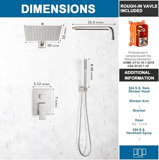 POP SANITARYWARE Shower Faucet Set Brushed Nickel Rainfall 10 Inch Shower Head and Handle Set Bathroom Rain Shower System Wall Mounted Shower Fixture Include Shower Valve and Trim Kit