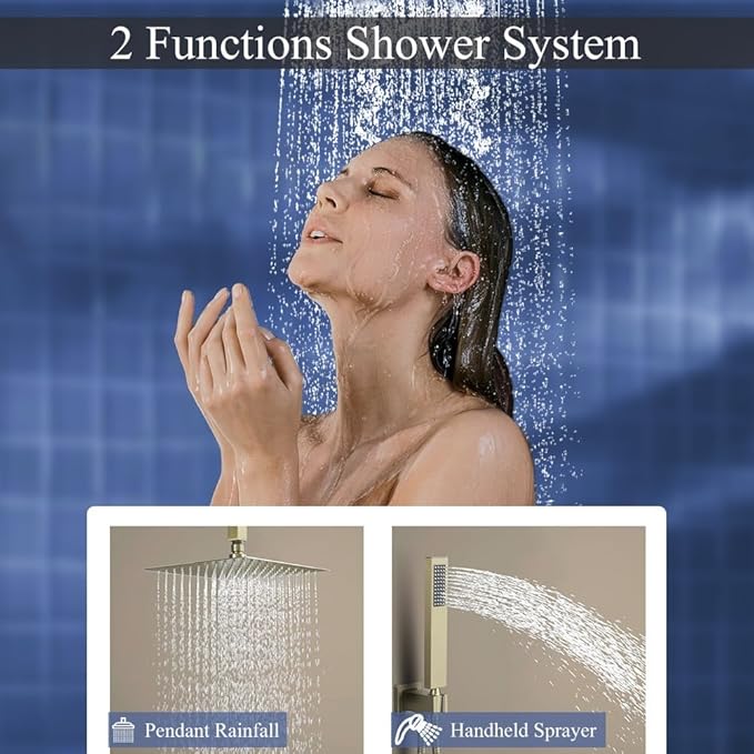 16 Inch Brushed Gold Ceiling Mount Shower System Bathroom Luxury Rain Mixer Shower Combo Set Ceiling Rainfall Shower Head System Faucet Contain Rough-in Valve and Trim Included