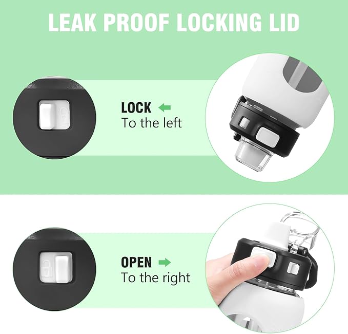 Kodrine Water Bottle with Soft Straw and Carry Loop, 32 oz Glass Water Bottle with Locking Lid, Clear Water Bottles Sports, Drinking Bottle for Travel Home Gym, Leakproof(White)