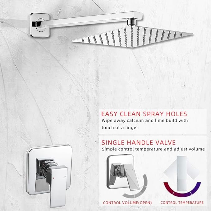Shower Faucet Set Chrome, Single Function Shower Trim Kit with Rough-in Valve Bathroom Luxury Rain Shower Set Rainfall Shower System with Square Stainless Steel Metal Showerhead