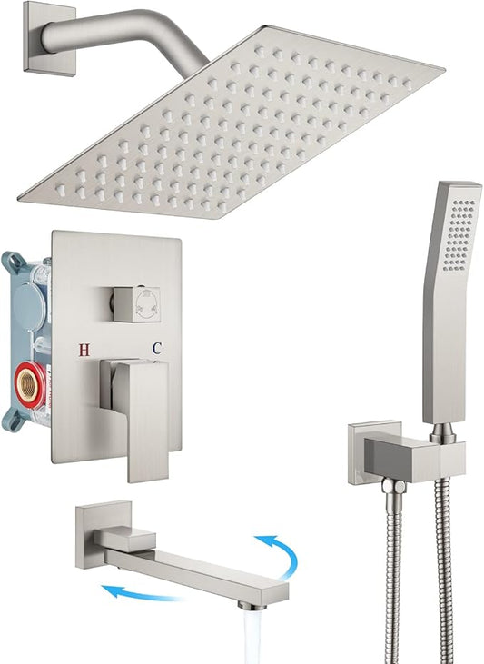 gotonovo Rainfall Tub Shower Faucet Set Bathroom Shower System with Tub Spout Wall Mount Square High Pressure Shower Fixtures with Handheld Sprayer Rough-In Valve 8'' Shower Head,Brushed Nickel
