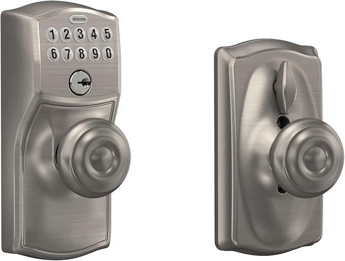 SCHLAGE FE595 CAM 619 GEO Camelot Keypad Entry with Flex-Lock and Georgian Style Knobs, Satin Nickel