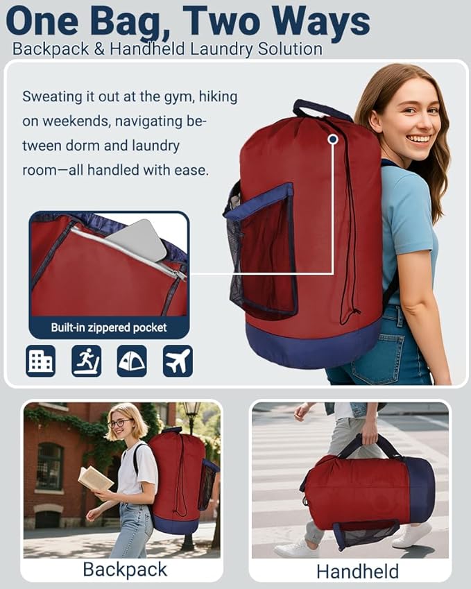 Laundry Bag with Shoulder Straps and Mesh Pocket Laundry Backpack Large Portable Laundry Hamper for College Laundromat Apartment