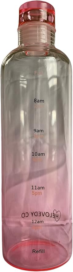 Glass Water Bottle16 oz, 100% borosilicate, Pink, Clear & Blue Motivational Measurements w/Time, BPA-Free, Eco-friendly, for Gym, Sports, Travel, Fitness, or Work. (Clear Pink 500ml)