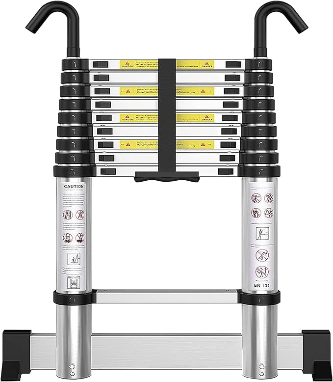 Telescoping Ladder with Hooks 9.5 FT - Aluminum Telescopic Ladder with Stabilizer - Retractable Extension Ladders for Home Loft Roof RV Work with EN131 Certification - 330lbs Max Capacity