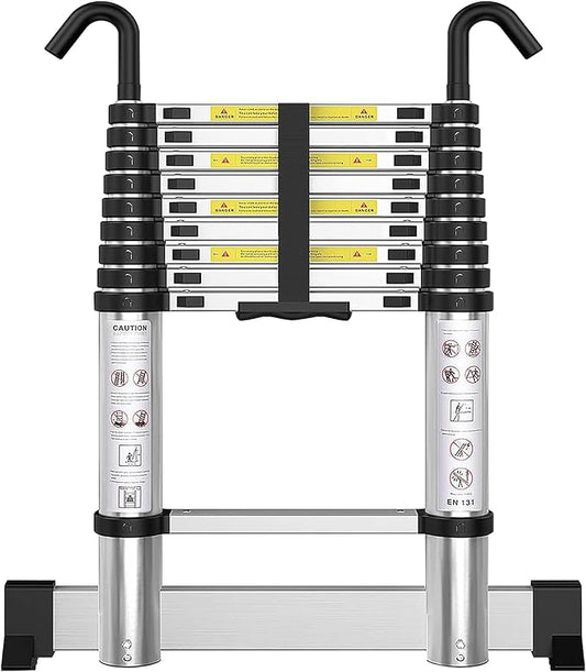Telescoping Ladder with Hooks 9.5 FT - Aluminum Telescopic Ladder with Stabilizer - Retractable Extension Ladders for Home Loft Roof RV Work with EN131 Certification - 330lbs Max Capacity