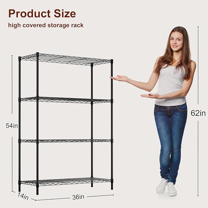 BestOffice | 4-Tier Wire Storage Shelves | 36x14x54 | Black | with Adjustable Racks | Heavy-Duty Metal Shelf, Holds Upto 1000 lbs | No-Tool Assembly | Ideal for Home & Garage Shelving