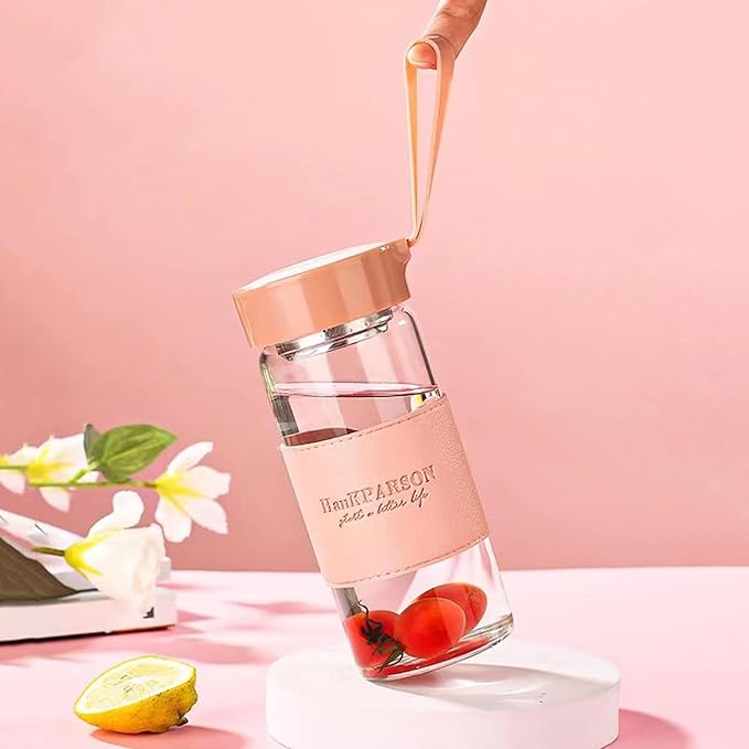 Glass Water Bottles 16 Oz Borosilicate water bottle-with sealing cap and Holsters and filters - BPA free,Men and Women Portable Glass Bottle (Pink+Blue)