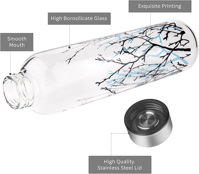 Borosilicate Glass Water Bottle, Sports Glass Drinking Bottle with Neoprene Sleeve and Stainless Steel Lid 16oz / 32oz (16oz, Tree Branches)