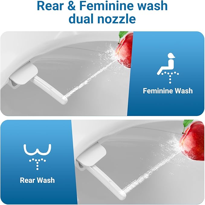 Bidet Toilet Seat for Elongated Toilet, PP Non-Electric Cold Water Bidet Attachment with Self-Cleaning Spray Nozzle, Hygienic Toilet Seat Cover for Women, Easy to Install, White, 19 Inch