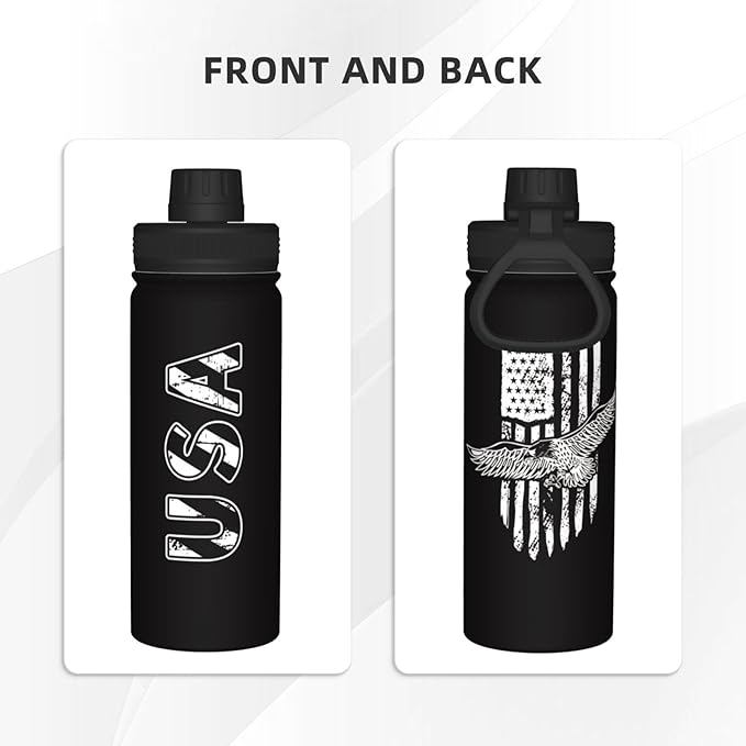 Cerburny Water Bottle Black USA Flag 18 oz Stainless Steel Insulated Bottles With Lid Wide Mouth Gym Sports Water Jug For Men Women Adult