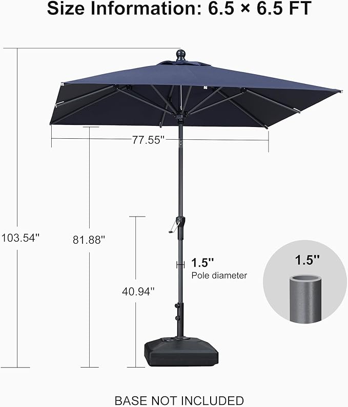 PURPLE LEAF 6.5' x 6.5' Square Patio Umbrella Outdoor Table Umbrella Aluminum Frame Market Umbrella Sun Umbrella with 8 Sturdy Ribs Tilt for Garden Deck Lawn Pool Light Navy Blue
