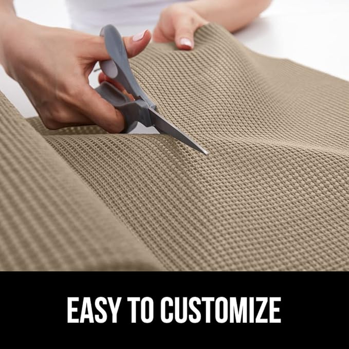 Gorilla Grip powerGRIP Drawer Shelf and Cabinet Liner, Thick Strong Hold, Non-Adhesive Liners Protect Kitchen Cabinets and Cupboard, Bathroom Drawers, Easy Install, Breathable Mat, 17.5" x10', Beige