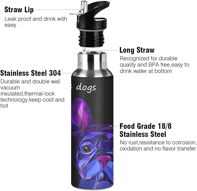 ALAZA Dog Cute Pet Animal Bulldog Water Bottle With Straw Lids Boys Girls,Vacuum Insulated Leakproof Stainless-Steel Sports Bottle Thermal Flask For Gym Yoga Camping,20Oz (600Ml)