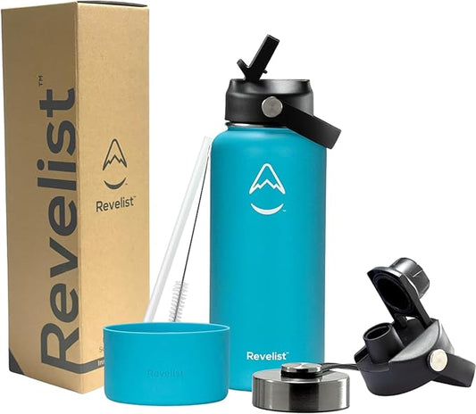 Revelist Sports Water Bottle - 32 Oz, 3 Lids (Straw Lid, Spout & Screw Top) with Boot, Vacuum Insulated Stainless Steel, Double Walled, Reusable Water Flask, Metal Canteen - Caribbean Blue