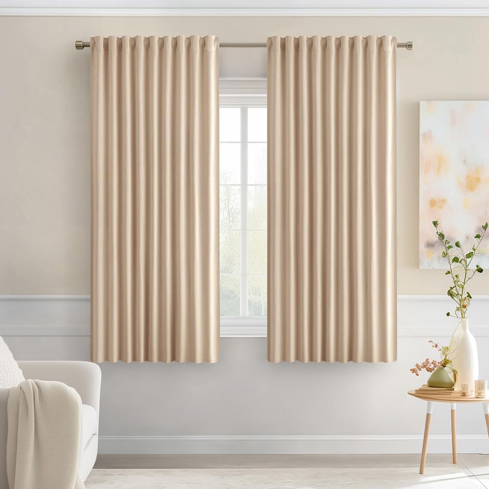 MIULEE Beige Back Tab Blackout Curtains 54 Inches Long 2 Panels Set for Living Room Bedroom Privacy, Rod Pocket/Pinch Pleat Thermal Insulated Room Darkening Pleated Light Blocking Drapes