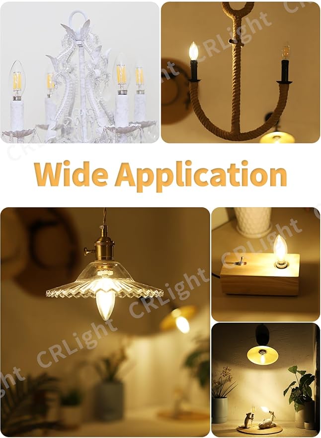 CRLight 6W Dimmable LED Candelabra Bulb 80W Equivalent 800LM, 6 LED Filament Real 6W Chandelier Light Bulbs, 2700K Warm White E12 Base, B11 Candle Torpedo Clear Glass Decorative Bulb, 8 Pack