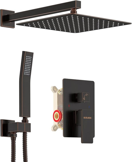 KOJOX Oil Rubbed Bronze Shower System with High Pressure 10 Inch Rainfall Shower Head, Handheld Shower head and Shower Faucet Trim valve, Bathroom Luxury Rain Mixer Shower Set Wall Mounted