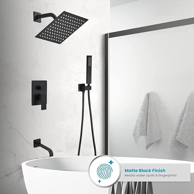 Matte Black Shower Faucet Set with Tub Spout Bathroom Rainfall 8 Inch Shower Head System with Handheld Single Handle Shower Trim Kit with Rough-in Valve