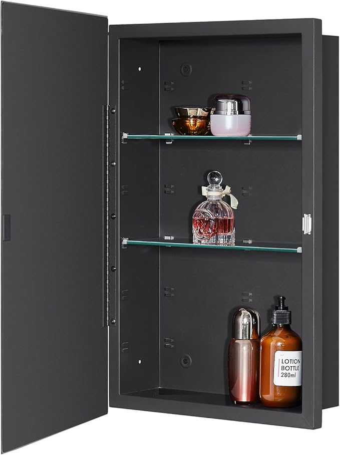 Black Bathroom Medicine Cabinet with Beveled Edge Mirrored Door 15 x 24 inch, Recessed or Surface Mount, with Adjustable Glass Shelves