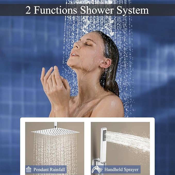 12 Inch Polish Chrome Ceiling Mount Shower System Bathroom Luxury Rain Mixer Shower Combo Set Ceiling Rainfall Shower Head System Faucet Contain Rough-in Valve and Trim Included