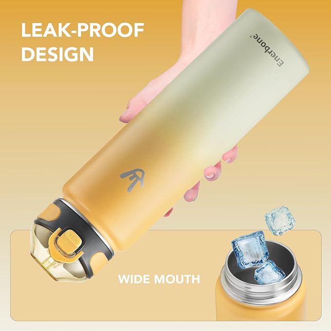Enerbone Insulated Water Bottle, 32 oz Stainless Steel Water Bottles with Carrying Strap, Double-Wall Vacuum Insulation Thermos, Leakproof Sports Bottle with Straw, Keep Drinks Hot or Cold for Hours
