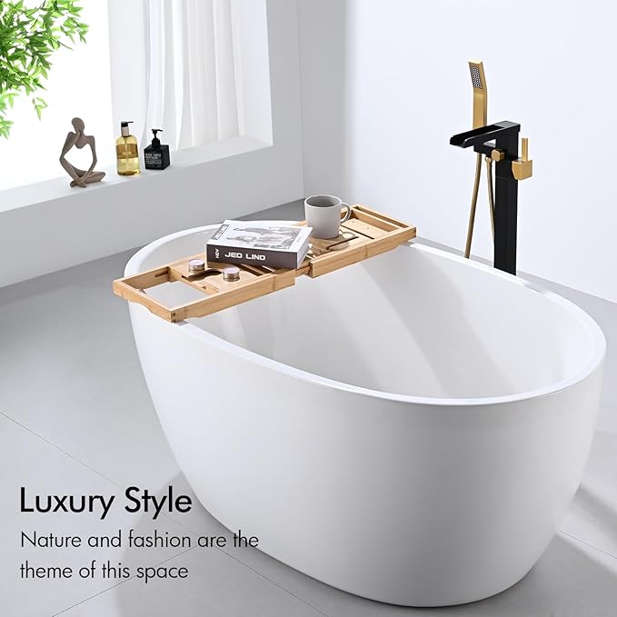 BAGNOLUX Solid Brass Floor Mount Bathtub Faucet Free Standing Tub Faucet Freestanding Tub Filler Black Gold High Flow Rate Swivel Spout with Hand Shower, ‎YGSLT-Waterfall Black+Gold