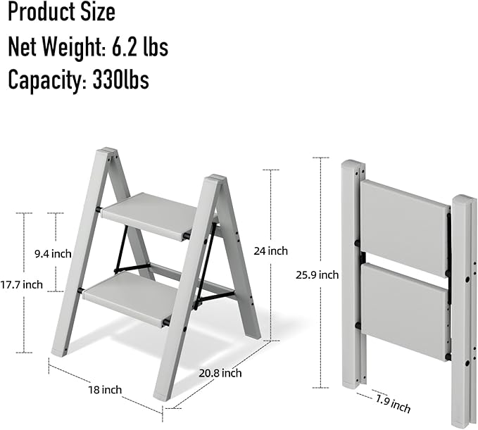 2 Step Ladder,Aluminum Folding Step Stool for Adults,Step Ladder with Wide Anti-Slip Pedal,330 lbs Capacity for Home,Office,Kitchen,Library(Grey)